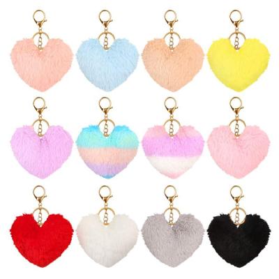 China Promotion Gift Pom Poms Keychains Fluffy Heart Shape Pompoms Keychain Faux Rabbit Fur Pompoms For Valentine Day Gift for sale