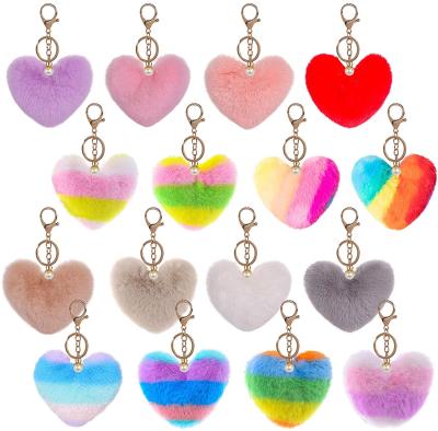 China Promotional Gift Pom Poms Keychains Fluffy Heart Shape Pompoms Keychain with Pearls Faux Rabbit Fur Pompoms for Women Girls Festival Day Gift Bag for sale