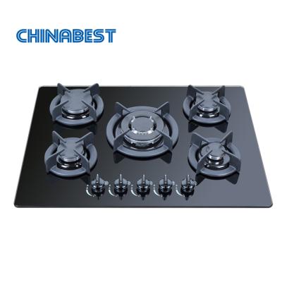 China Hot Selling Household 5 Burner LPG Tempered Glass Built In Flat Hob Gas Stove for sale