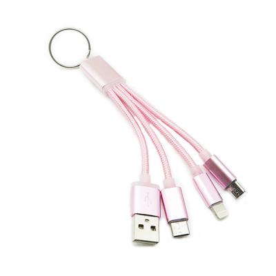 China Type C Nylon Braided Short Type IOS Micro Usb Nylon Key Chain 3 In 1 Usb Cable Key Chain for sale