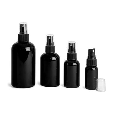 China BEAUTY PACKAGING PET Round Black Bottles With Black Fine Mist Sprayers for sale