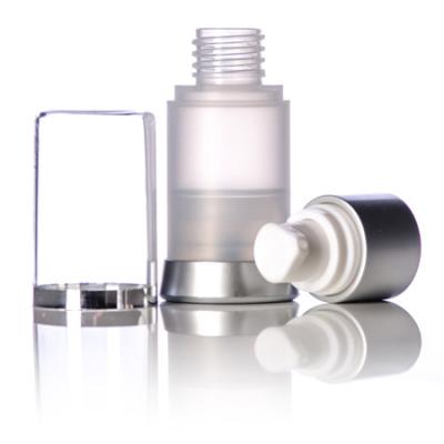 China Household products silver and white 15ml pp airless pump with frosted container with silver base and clear above cap for sale