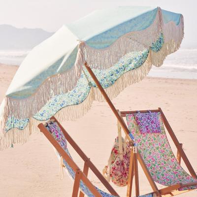 China High Quality 8k Fiberglass Frame Beach Umbrella Bohemian Style Beach Umbrella Cotton Fringe Beach Umbrella Wooden Tassels for sale