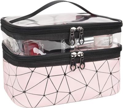 China Fashion Pink Makeup Bags Double Layer Travel Cosmetic Cases Make Up Organizer Toiletry Bags for sale