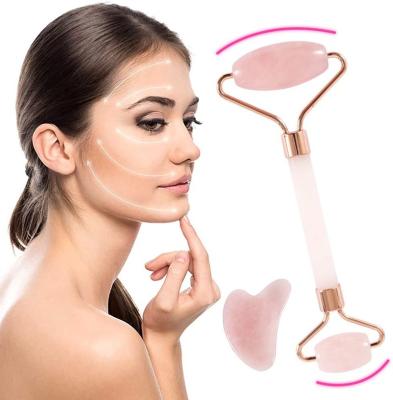 China Face Lift Pink Jade Roller and Gua Sha Scraper Set for Puffy Skin, Dark Circles for sale