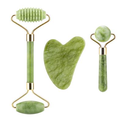 China Face Lift Private Label Nephritis Facial Massage Green Genuine Natural Jade Face Roller And Gua Sha Massager Set for sale