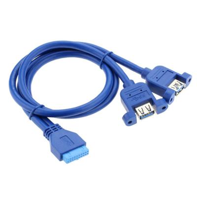 China COMPUTER USB3.0 male to female USB 20pin dual extension cable bulkhead dual ports with ears screw holes to fix panel for sale