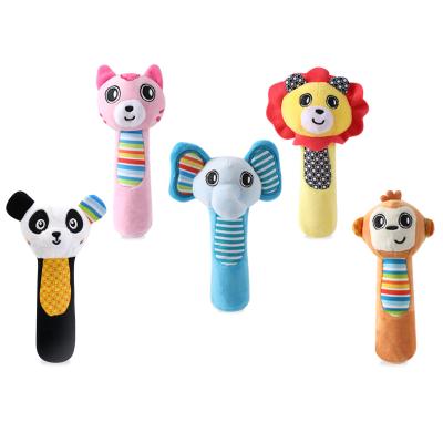 China Wholesale Funny Newborn Infant Soothing Soft Toy Baby Gift AUGLEKA Baby Crib Rattle Plush Stuffed Animal Hand Rattle Squeaker Stick Toy for sale