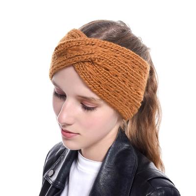 China Wholesale Women's Wide Thick Elastic Hair Band Acrylic Raw Wool Knitted Ornament Headband Bent Over Cross Hair COMMON for sale