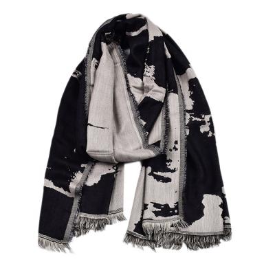 China Chinese Painting Men's High Quality Long Black Slimy Scarf Ink Tassels Two Sides Neck Scarf for sale