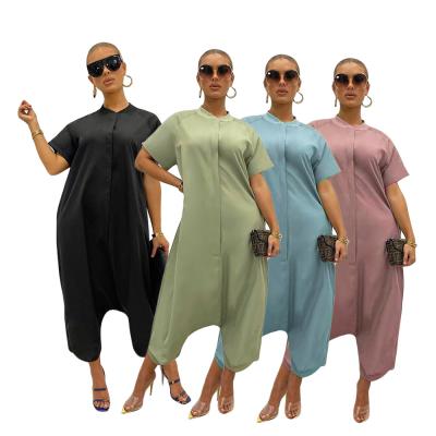 China Polyester/Cotton Casual Fashion Solid Color Loose And Thin Short Sleeve Overalls Wide-Leg One-Piece Pants DY6945 for sale