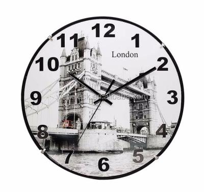 China Europe London Glass Bridge 12 Inch Dome Scenic Design Creative Plastic Wall Clock For Home Decor Gift Item for sale