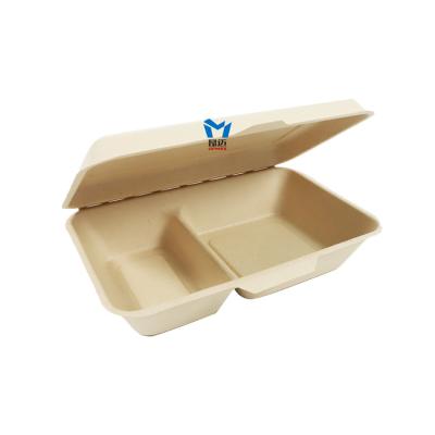 China Promotion Bagasse Disposable Biodegradable Hot Food 2 Compartment Hinged Lid Takeout Boxes Sustainable Disposable Bagasse Box for sale