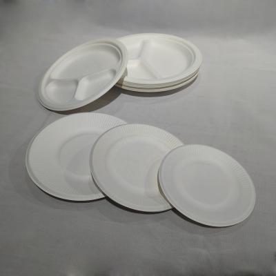 China Degradable Material Disposable Tableware 3 Compartment 9 Inch 10 Inch Compostable Sugarcane Bagasse Pulp Dish for sale