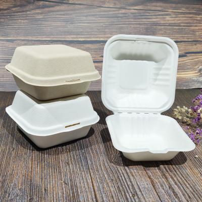 China 6 Inch Sustainable Clamshell Take Out Paper Container Bagasse 6x6 Biodegradable Hamburger Burger Box for sale