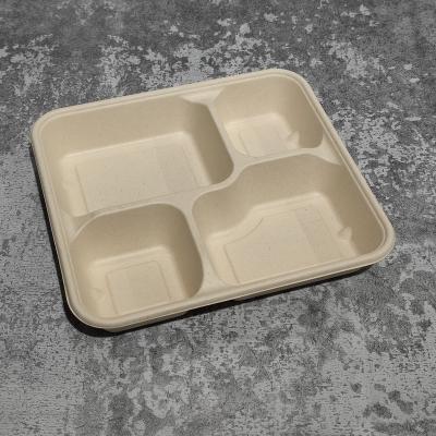 China Minimalist Customized Disposable Take Away 4 Compartments Quick Take Out Tray Bagasse Lunch Box To Take Out Food Containers for sale