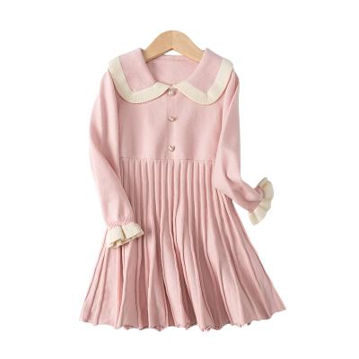 China New Girls Anti-wrinkle Pleated Dress School Uniform Long Sleeve Button Front Knit Sweater Dress Winter Knitted Long Sleeve Skater Dress for sale