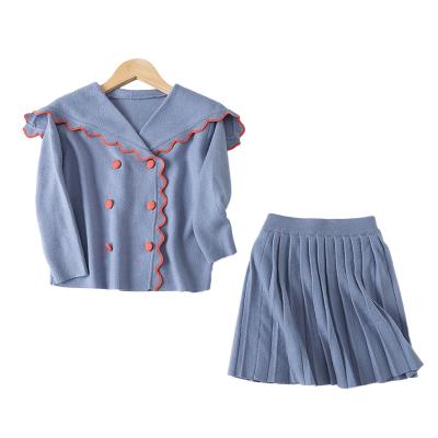 China New Design Toddler Military Babies Outfits Knitted Buttons Sweater Tops Mini Skirt Ruffle Long Sleeve Autumn Winter Clothes Skirt Set for sale