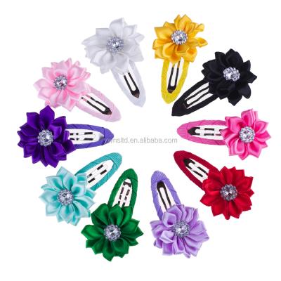 China European and American professional fabric girls hair accessories cute style rhinestone ribbon flower hair clips for baby children kids for sale