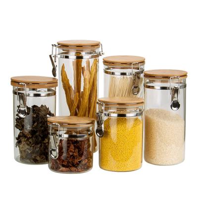 China Freshness Preservation Canister Set of 5 Kitchen Glass Canisters with Airtight Lid Glass Storage Bamboo Jars for Kitchen for sale