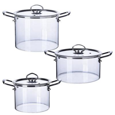 China Sustainable new design can be used for borosilicate open clear fire glass cooking pot cookware set with stainless steel handle for sale