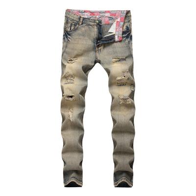 China Anti-wrinkle men's straight beggar ripped men's brand fashionable jeans worn by nostalgic men's fashion European style hole for sale