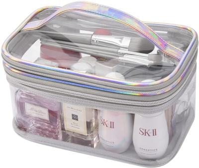 China Transparent Lady Women Large Double Layer PVC Beauty Brush Organizer Makeup Case Cosmetic Bag Fashion Laser Travel Clear Toiletry Bag for sale