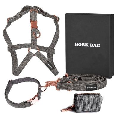 China Hot Sale Charcoal Padded Black Tweed Rose Gold Collar and Leashes Tweed Collar with Rose Gold Buckles for sale