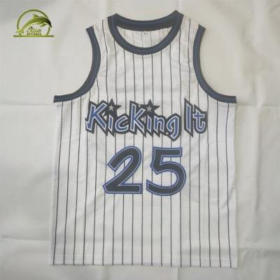 China Breathable Stripe Pattern Printed Logo Embroidered Magic White Mesh Basketball Tank Top for sale