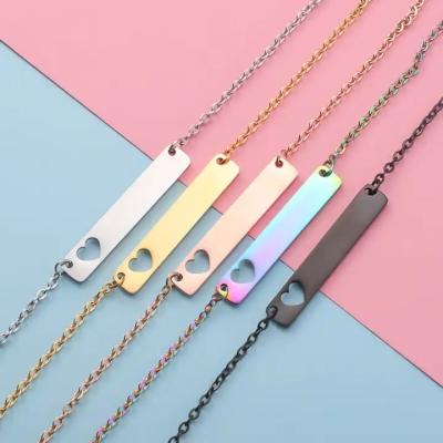 China Durable Stainless Steel Rectangular Heart Simple Design Hollow Necklace Customized Empty Gold Bar Necklace for sale