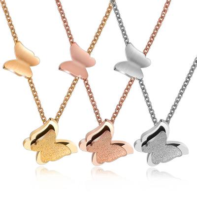 China Durable Simple Butterfly Necklace Clavicle Chain Stainless Steel Double Butterfly Shaped Pendant Necklace For Women for sale