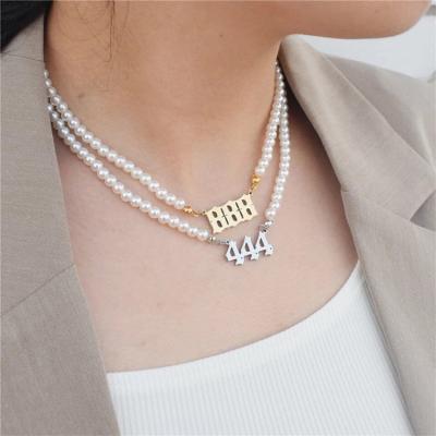 China New Fashion CLASSIC 18K Gold Plated Stainless Steel Pendant Personalized Pearl Chain Necklace Angel Number 111-999 for sale