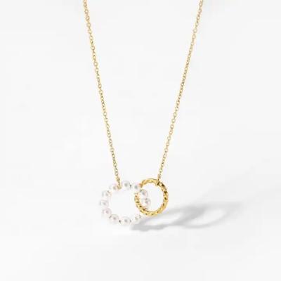 China Durable 18K Gold Plated Double Circle Stainless Steel Link Chain Bead Choker Pendant Necklaces For Women for sale