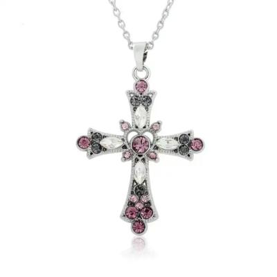 China New 2023 Zircon Cross Necklace Heart Cross Chain Punk Pendant Necklace Environmental Friendly Gothic Pink Purple For Woman Jewelry Accessories for sale