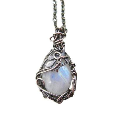 China Vintage Bohemia Style Retro Bohemia Women Gemstone Moonstone Chain Pendant Charm Jewelry Gift Durable Unique Silver Leaf Necklace for sale