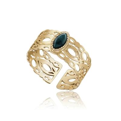 China Waterproof 14K Gold Plated Stainless Steel Cavity Design Oval Green Natural Stone Adjustable Rings For Women for sale