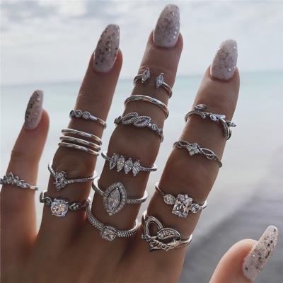 China Environmental Friendly Fine Jewelry Rings Love Bohemian Leaf Inlaid New 15 Piece Set Ring Joint Ring for sale