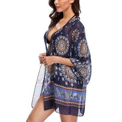 China Cheap Anti-UV Floral Beachwear Women Bikini Pareo Kimono Dress Chiffon Cover Up for sale