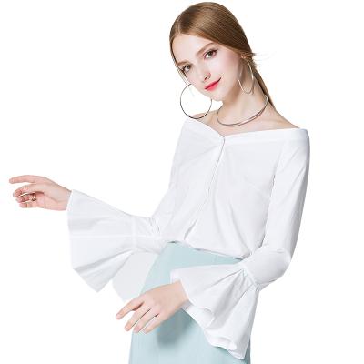 China New Style One-shoulder Women's Anti-Shrink Tops Trumpet Sleeve Top Cotton White Shirt for sale