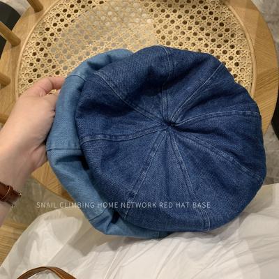 China Cool New Denim Beret Hat Navy Blue Octagonal Hat Painter Famous Striped Hat Boy Girl Artist for sale