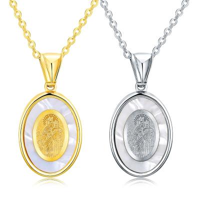 China Fashionable Factory Stainless Steel Gold Plating Pendant With Virgin Mary White Custom Gold Religion Shell Pendant Necklace for sale