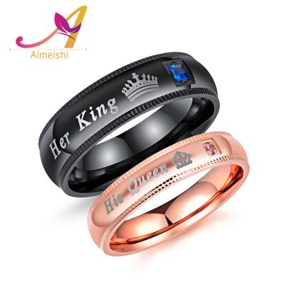 China Trendy Fashion Wedding Jewelry Her Queen Her King Crown Stainless Steel Zircon Couple Promise Ring For Lovers Anniversary for sale