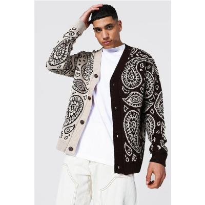 China Anti-wrinkle men spliced ​​black and white mint green color block jacquard sweater bandana cardigan for sale