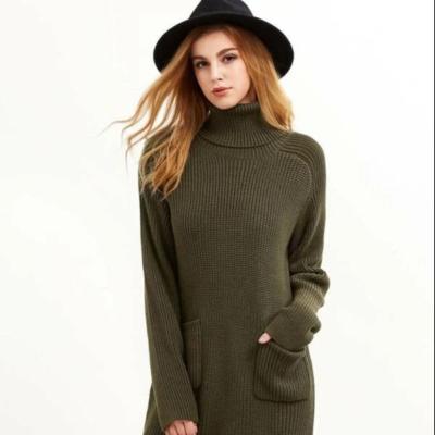 China Anti-Static Long Sleeve Vented Turtle Neck Ladies Dress Knit Women Plus Size Olive Green Sweater Dress for sale