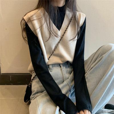 China Anti-wrinkle v-neck solid color sleeveless slit knit girls' sweater vest women's sweaters for sale