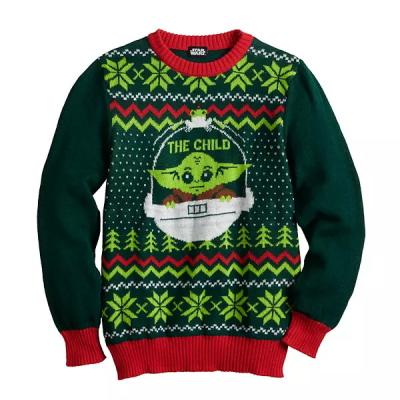 China wholesale custom embroidery Anti-wrinkle unisex round collar ugly sweater knit pullover 3d printed anime baby yoda sweater for sale