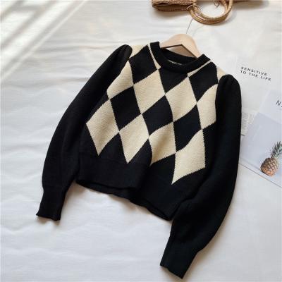 China Anti-Wrinkle Women's Plaid Geometry Pattern Top Argyle Graphic Pullover Knitted Crop Sweater for sale