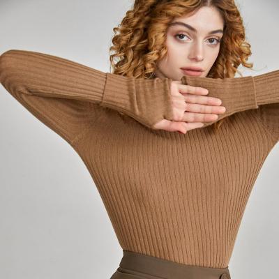 China Anti-wrinkle women knit solid color simple ribbed pattern neck pullover thumb hole slim fit sweater top for sale