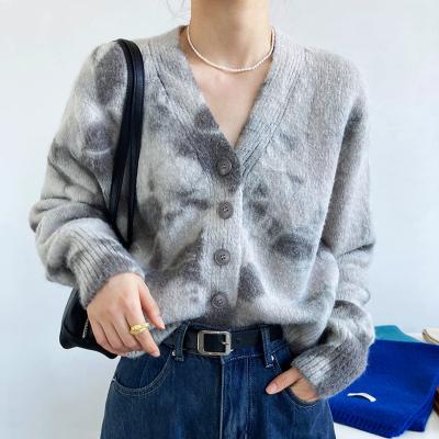 China Anti-wrinkle women knit soft fuzzy sleeve crop top angora tie dye space ramp gradient puff sleeve crop cardigan for sale