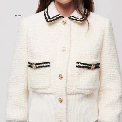 China Anti-wrinkle women crop top pocket gold buttons collar turn-down sweater white tweed cardigan wool top for sale